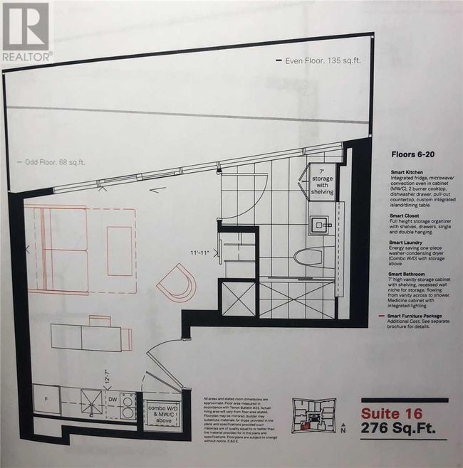 A floor plan for condo for a studio condo for rent in Smart House, with a floor to ceiling window in the washroom. It was listed on realtor.ca for $1,775 per month.