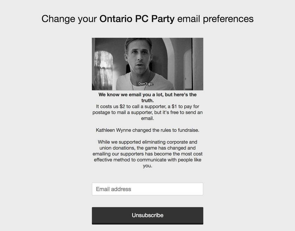 Embedded in the Ontario PC Party's latest fundraising appeal is a GIF of actor Ryan Gosling from the 2013 movie Gangster Squad.