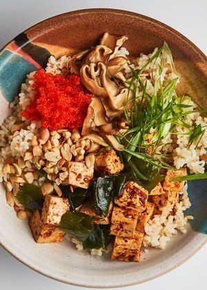 spicy tofu poke with pickled shiitake mushrooms